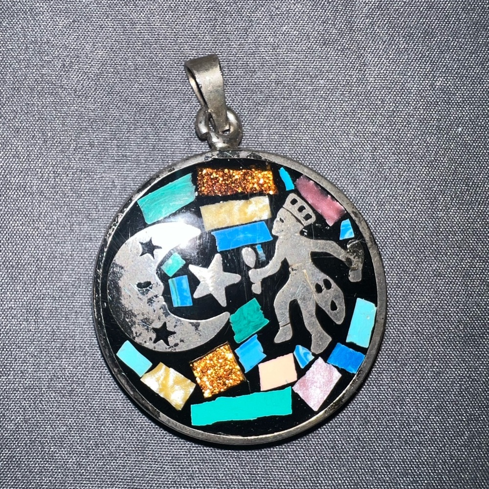 925 Aztec Mayan calendar stone inlay pendant man star & moon